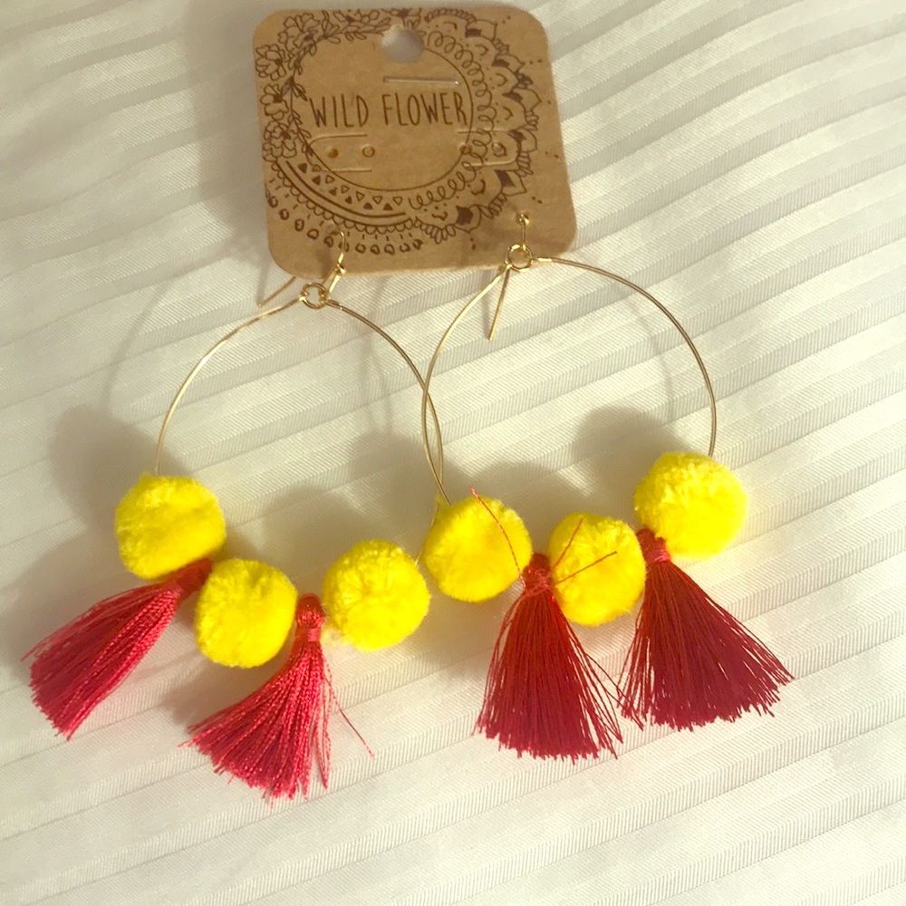 Adorable Gold hoop, Pom Pom, tassel earrings